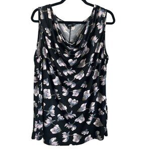 Womens Plus Size 1X Black Floral Sleeveless Drape Neck Top